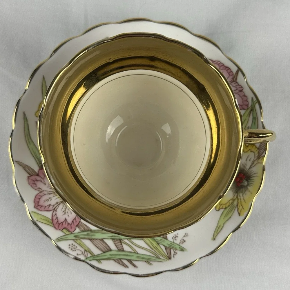 Rosina Bone China Teacup Saucer Set Gold Gilt Floral Cottagecore Grandmillennial